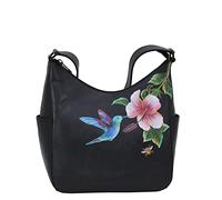 Anuschka Women's Original Hand-Painted Genuine Vegetable Tanned Leather Classic Hobo With Side Pockets - Hummingbird Black