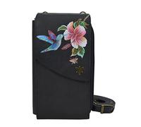 Anuschka Women's Original Hand-Painted Vegetable Tanned Leather RFID Blocking Crossbody Phone Wallet, Hummingbird Black