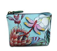 Anuschka Women's Small Leather Coin Pouch Genuine Soft Leather, Hand-painted Original Art, 4 inchesx0.5 inchesX3 inches, Jardin Bleu