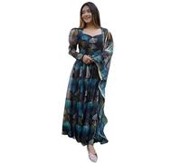Anveri Textiles Women's Traditional Navy Blue Georgette Full Sleeve V Neck Floral Designer Printed Anarkali Kurta with Dupatta, Navy Blue, L