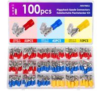 ANVINKU 100PCS Piggy Back Spade Connectors, 22-10 AWG (0.5-6mm²) Piggy Back Electrical Connector, Insulated Piggyback Crimp Connectors Kit for Automotive, Motorbike and Household Appliances
