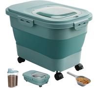 ANVS Airtight Collapsible Pet Food Container With Casters, Scoop and Small Container - Keeps Up To 20lbs Dry Dog Food Fresh (Dark Green)