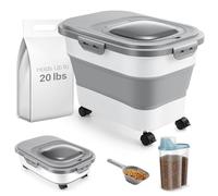 ANVS Airtight Collapsible Pet Food Container With Casters, Scoop and Small Container - Keeps Up To 20lbs Dry Dog Food Fresh (Grey)