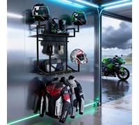 Anvuda Heavy Duty 4-Helmet Wall Mount, Pure lron 2-Tier Motorcycle Helmet Rack with 8 Clips,55x30x65cm Wall Organiser for Motorbike,Football,Rugby & Sports Gear Storage