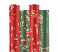 Anvure Christmas Wrapping Paper (4 Rolls: 93 sq. ft. ttl.) Kraft Set Featuring Santa Claus, Snowman & Xmas Presents, Red & Green Holiday Designs for All Gift Wrap Needs 17 Inch X 16.4 Feet Per Roll