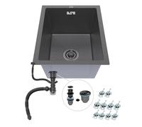 ANW HOME 37x45 cm Black Undermount Kitchen Sink - Graphite PVD Nano Stainless Steel, 22 cm Deep Single Bowl, 320x400 mm, 1 mm Steel, 3 mm Rim, Ø90 mm Drain, Soundproof