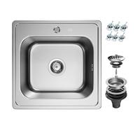 ANW HOME 48x48 cm Stainless Steel Kitchen Sink - 18 cm Deep Single Bowl, 1 mm Decor Finish, Drop-in Inset Installation, 400x350 mm Bowl, Ø90 mm Drain, Siphon & Waste Kit Included