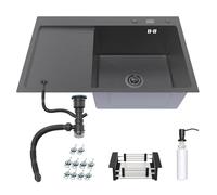 ANW HOME 78x50 cm Graphite Stainless Steel Kitchen Sink with Left Drainer - PVD Nano Finish, 22 cm Deep 405x400 mm Bowl, 1 mm Steel, 3 mm Rim, Drop-in Topmount, Siphon, Basket & Dispenser