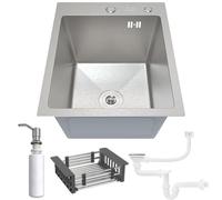 ANW HOME Kitchen Sink 40x50 cm with Siphon, Basket Drainer & 350ml Soap Dispenser, 304 Stainless Steel Kitchen Sink with 2 Tap Holes, Topmount Single Bowl