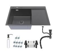 ANW HOME Kitchen Sink, Single Bowl Inset Sink with Drainer, 304 Stainless Steel, 78x50 cm, Graphite PVD, Nano-Coated Finish, Thickness 3.0+1 mm, 22 cm Deep, with Siphon, Soap Dispenser and Basket
