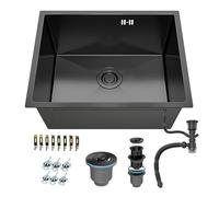 ANW HOME Kitchen Sink Stainless Steel 304, Single Bowl, Undermount or Inset 54x44 cm Graphite PVD, Nano-Coating, Thickness 3.0+1 mm, 22 cm Deep, with Waste Trap