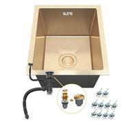 ANW HOME Kitchen Sink Stainless Steel 37 × 45 cm Nano Gold PVD - Single Bowl 22 cm Deep, 3 mm Stainless Steel, with Siphon, Drainer Basket and Mounting Accessories
