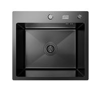 ANW HOME Kitchen Sink Stainless Steel, Single Bowl Kitchen Sink 50x45 cm, Topmount, Graphite PVD, Nano-Coated, Thickness 3.0/1 mm, Bowl Depth 22 cm, with Waste Trap