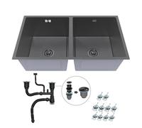 ANW HOME Kitchen Sink, Stainless Steel, Undermount Kitchen Sink Double Bowl 80x45 cm, 304 Stainless Steel, Graphite PVD, Nano-Coating, Thickness 3.0/1 mm, with Waste Trap