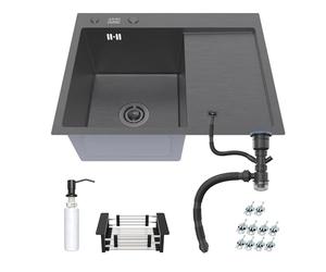 ANW HOME Kitchen Sink Topmount Single Bowl with Drainer, Stainless Steel Sink 304, 63x50 cm, Graphite PVD, Nano-Coated Finish, Thickness 3+1 mm, with Siphon, Soap Dispenser Basket