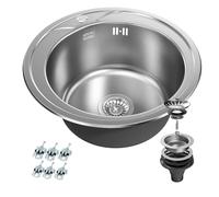 ANW HOME Round Kitchen Sink Ø49 cm Stainless Steel - Drop-in Inset Circular Bowl with Microstructure Finish, 16 cm Deep, Soundproof, Pre-Drilled Tap Hole, Includes Siphon & Basket Waste