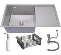 ANW HOME Silver Kitchen Sink 78x44 cm with Draining Board, Basket Drainer & 350ml Soap Dispenser, 304 Stainless Steel Sink with 2 Tap Holes and Siphon