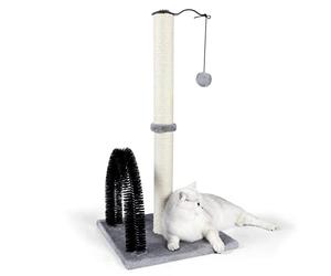 ANWA Tall Cat Scratching Post with Arch Self Groomer Massager, 32'' Cats from Kitten to Adults, Stable Sisal Extra Interactive Dangling Plush Toy, Light Grey, 15.7'' x 32''