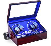 ANWBROAD Automatic Watch Winder for 4 Watches +6 Extra Watch Storage Space,Automatic Watch Winder Box with Quiet Motor,LED Light,4 Rotation Modes,Red Wooden Piano Finish,Type-C Adapter Powered,JWW002R