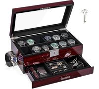 ANWBROAD Watch Box for Men with 12 Slots,2-Tier Wooden Watch Box with Drawer,Watch Case with Glass Lid,Key Lock,Storage Watch Display Case,Mens Jewellery Box Organiser,Red Wooden Piano Finish,JWB001Y