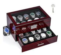 ANWBROAD Watch Box for Men with 20 Slots,2-Tier wooden Watch Case with Glass Lid,20 Removable Watch Pillows,Key Lock,Organizer Watch Storage Box,Red Wooden Piano Finish,JWB002Y