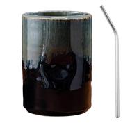 anwhriet Ceramic Coffee Mug with Sip Hole, Retro Hand-Painted Striped Straight Cylinder Cup with Straw, Cappuccino Latte Mug for Kitchen Dining Travel Navy Blue M