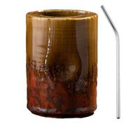 anwhriet Ceramic Coffee Mug with Sip Hole, Retro Hand-Painted Striped Straight Cylinder Cup with Straw, Cappuccino Latte Mug for Kitchen Dining Travel Brown M