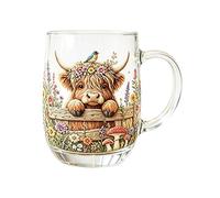 anwhriet Hand-Painted Highland Cow Glass Mug 350ml, Heat Resistant Borosilicate Glass Coffee Cup with Handle, Farm Animal Drinking Mug for Hot Cold Drinks, Gift for Women Men Tea Lovers D