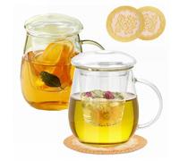 ANWONE 2Pcs, Borosilicate Glass Tea Cup, Glasses Mug with Glass Infuser & Lid, for Loose Tea Leaf, Black Tea, Fruit Tea Beverages, Coffee, Tea Bags, 16.9 Oz/500ml, Contain with Exquisite Cup mat
