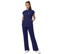 Anwrtuk Medical Scrub Set for Women, Medical Uniform with Stand-up Collar Half-Open Placket Top & Straight Leg Pants with 8 Functional Pockets, 4 Way Stretch (Dark Blue, XXL)