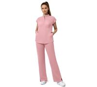 Anwrtuk Medical Scrub Set for Women, Medical Uniform with Stand-up Collar Half-Open Placket Top & Straight Leg Pants with 8 Functional Pockets, 4 Way Stretch (Pink, XXL)