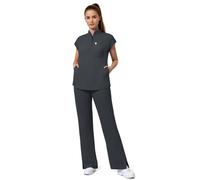 Anwrtuk Medical Scrub Set for Women, Medical Uniform with Stand-up Collar Half-Open Placket Top & Straight Leg Pants with 8 Functional Pockets, 4 Way Stretch (Dark Grey, XXL)