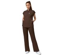 Anwrtuk Medical Scrub Set for Women, Medical Uniform with Stand-up Collar Half-Open Placket Top & Straight Leg Pants with 8 Functional Pockets, 4 Way Stretch (Brown, M)
