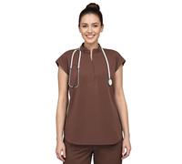 Anwrtuk Scrub Tops for Women, Medical Stand-up Collar Short Sleeve Work Clothing with 2 Pockets for Nurses, Doctors, Assistants, pet Grooming (UK, Alpha, S, Regular, Regular, Brown)