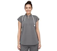 Anwrtuk Scrub Tops for Women, Medical Stand-up Collar Short Sleeve Work Clothing with 2 Pockets for Nurses, Doctors, Assistants, pet Grooming (UK, Alpha, XXL, Regular, Regular, Dark Grey)