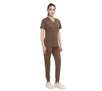 Anwrtuk Scrubs for Women Set, Medical Uniform Stretch V-Neck Collar Scrub Top & Jogger Pant with Waistband, Multi Pocket (Coffee Brown, XL)