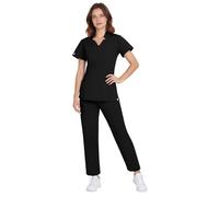 Anwrtuk Women's Medical Scrubs Set, V-Neck Short Sleeve Nursing Uniform with Elastic Waist with Drawstring, Medical Workwear with Multi-Pocket (Black, M)