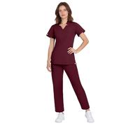 Anwrtuk Women's Medical Scrubs Set, V-Neck Short Sleeve Nursing Uniform with Elastic Waist with Drawstring, Medical Workwear with Multi-Pocket (Burgundy Red, M)