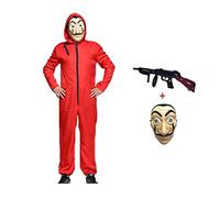 Anxicer Halloween Bank Robber Jumpsuit for Carnival Thief Costume - Red Long Sleeve Romper With Hood, Cosplay Set Mask and Machine Gun