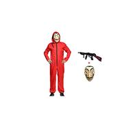 Anxicer Halloween Bank Robber Jumpsuit - Long Sleeve Red Romper with Hood & Mask, Carnival Thief Costume Set (Child-M-125-135)