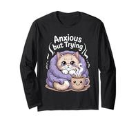Anxious but Trying - Cute Cat with Blanket and Coffee Long Sleeve T-Shirt
