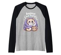 Anxious but Trying - Cute Cat with Blanket and Coffee Raglan Baseball Tee