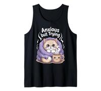 Anxious but Trying - Cute Cat with Blanket and Coffee Tank Top