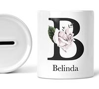 Any Initial Name Piggy Bank Personalised Gift For Her Custom Money Box Girls Ladies Floral Birthday Gifts Custom Savings Jar Ceramic Christmas Keepsake