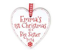 *Any Name* First Christmas As A Big Sister Heart Decoration Personalised With Any Name And Any Year - 1st Xmas Tree Decoration Handmade in the UK
