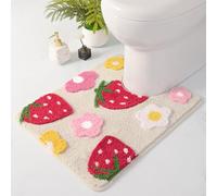 Anybar Beige U Shaped Toilet Rug, Cute Strawberry Flower Bathroom Contour Toilet Mats, Extra Soft Absorbent, Non Slip Bath Mat, Washable Bath Rugs for Toilet Base (20x20 inch)