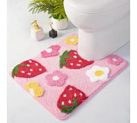 Anybar U-Shaped Toilet Rug 20x20'' - Super Soft Absorbent Bathroom Mat with Cute Strawberry & Flower Design, Non-Slip Quick-Dry Washable Contour Rug for Toilet, Bath Mats for Bathroom Decor（Pink）