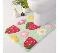 Anybar U-Shaped Toilet Rug 20x20'' - Super Soft Absorbent Bathroom Mat with Cute Strawberry & Flower Design, Non-Slip Quick-Dry Washable Contour Rug for Toilet, Bath Mats for Bathroom Decor（Green）