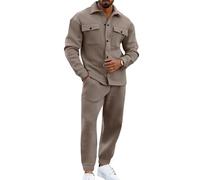 Anybird Khaki,XL, Men's Fall Suede 2 Piece Outfits Long Sleeve Button Down Shirt And Pant Sets Jogging Tracksuits