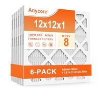 Anycore 12x12x1 Furnace Air Filter MERV 8 MPR 600 FPR 5 HVAC Pleated Filters for Home Office 6-Pack (Actual Size: 11.81x11.81x0.79 inch)